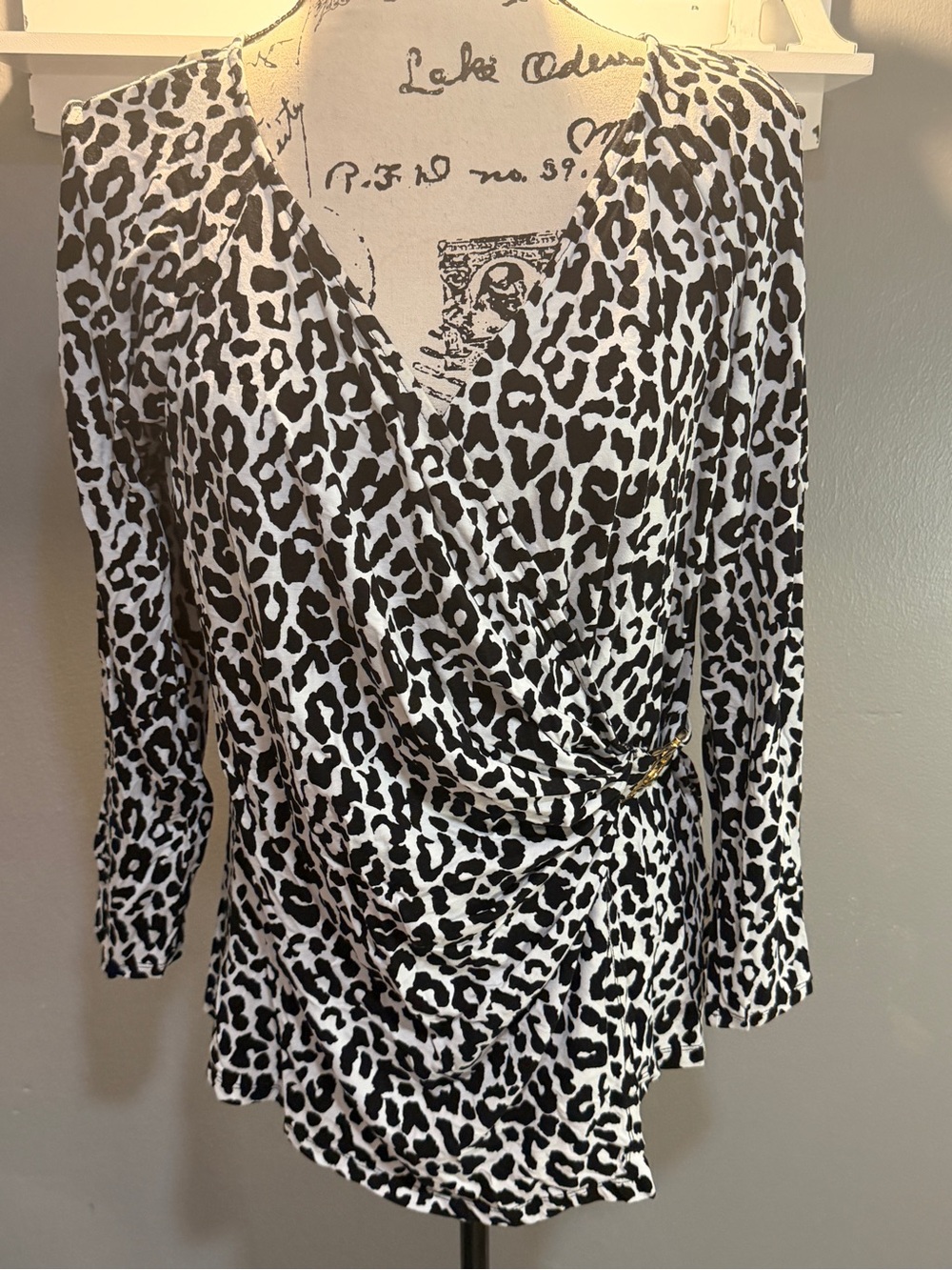 Cache Black and White Leopard Print Wrap Blouse xl